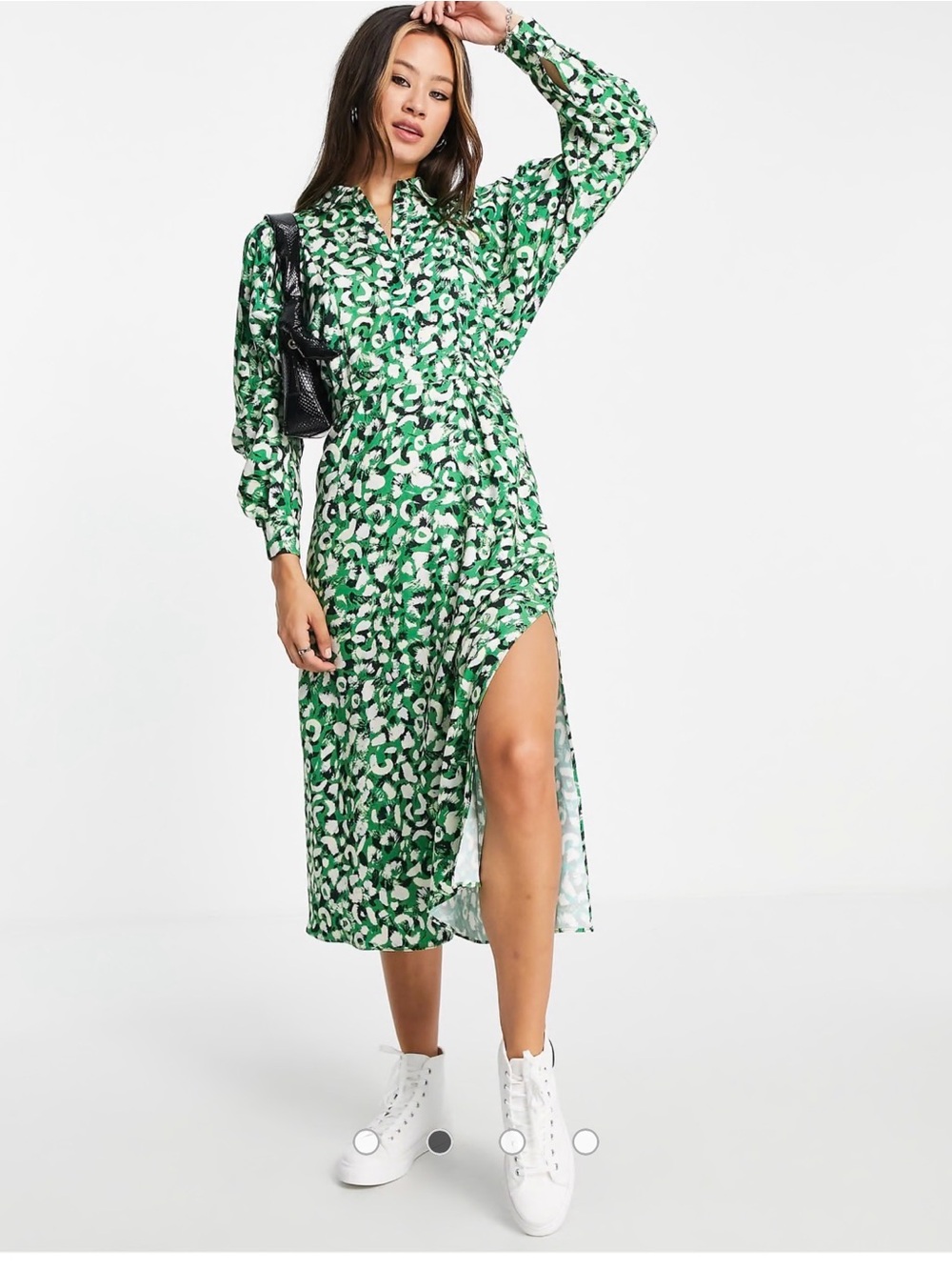 Topshop Green Printed Button-Front Midi Dress with Side Slit